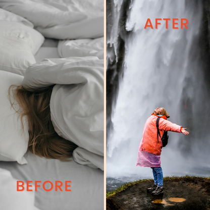 Before and after comparison of a person in bed versus standing in front of a waterfall - before, dealing with jet lag, but after taking jet lag rescue, not dealing with jet lag