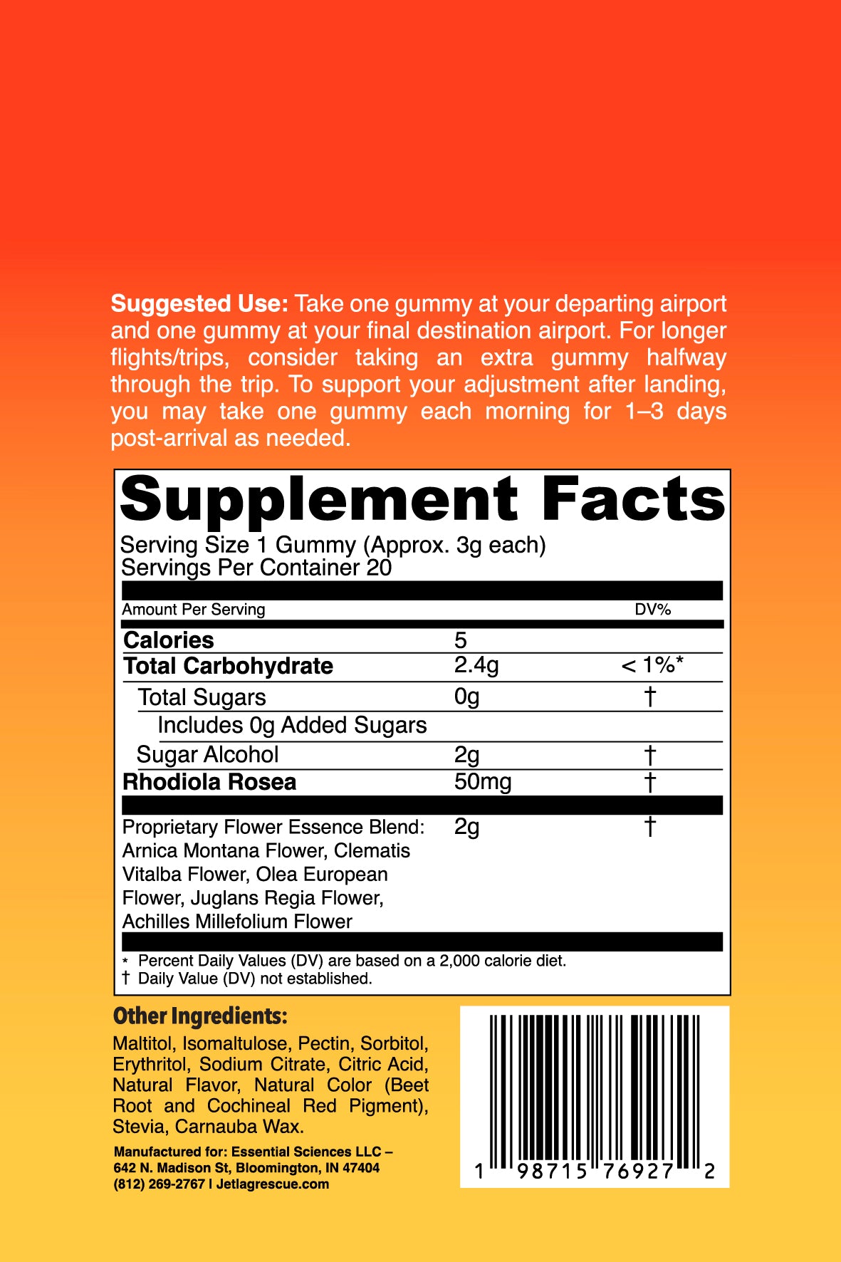 Supplement facts label for a jet lag supplement on an orange background