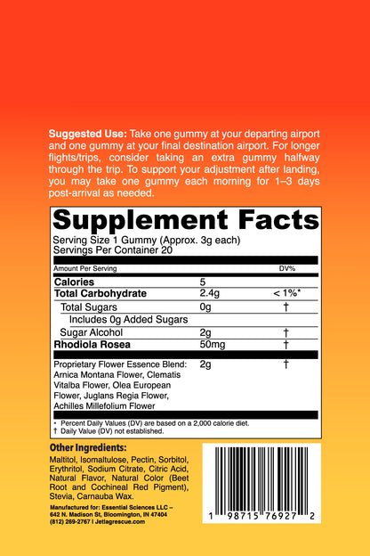 Supplement facts label for a jet lag supplement on an orange background