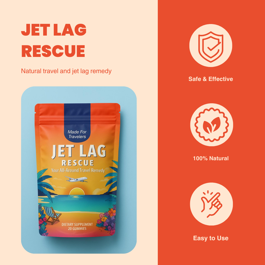 Jet Lag Rescue supplement package with branding and product details on a colorful background - Jet Lag Rescue is a safe and effective, 100% natural, and easy to use solution for jet lag.