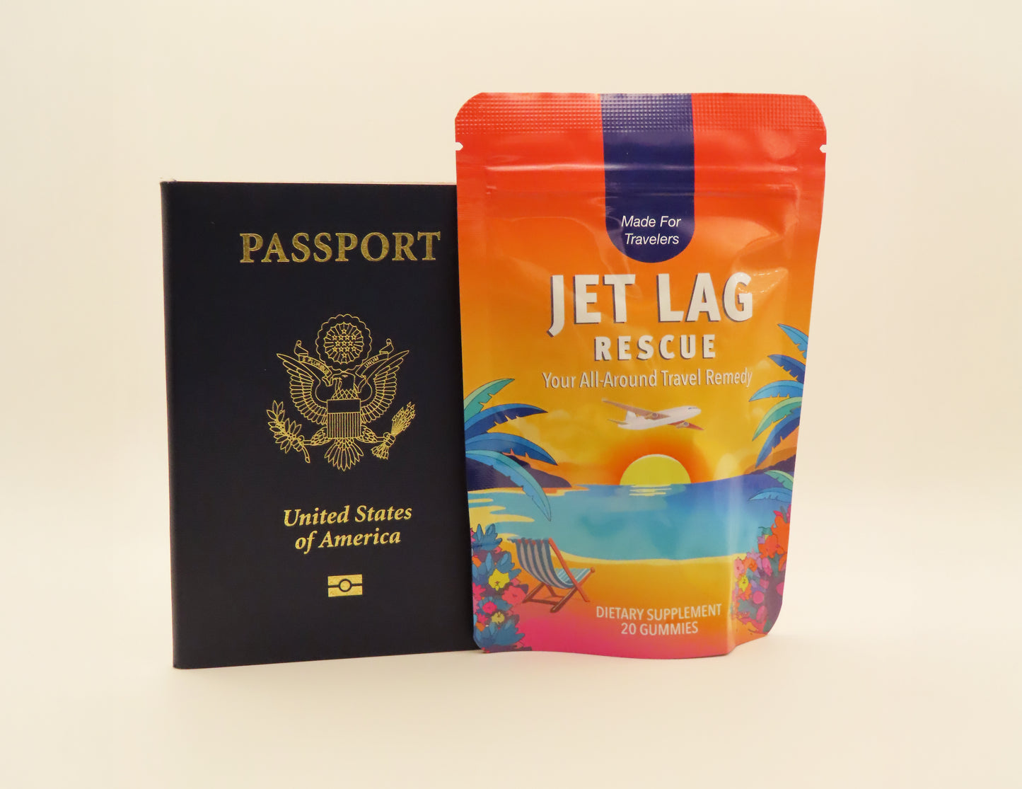 Passport next to a colorful package labeled 'Jet Lag Rescue' on a beige background