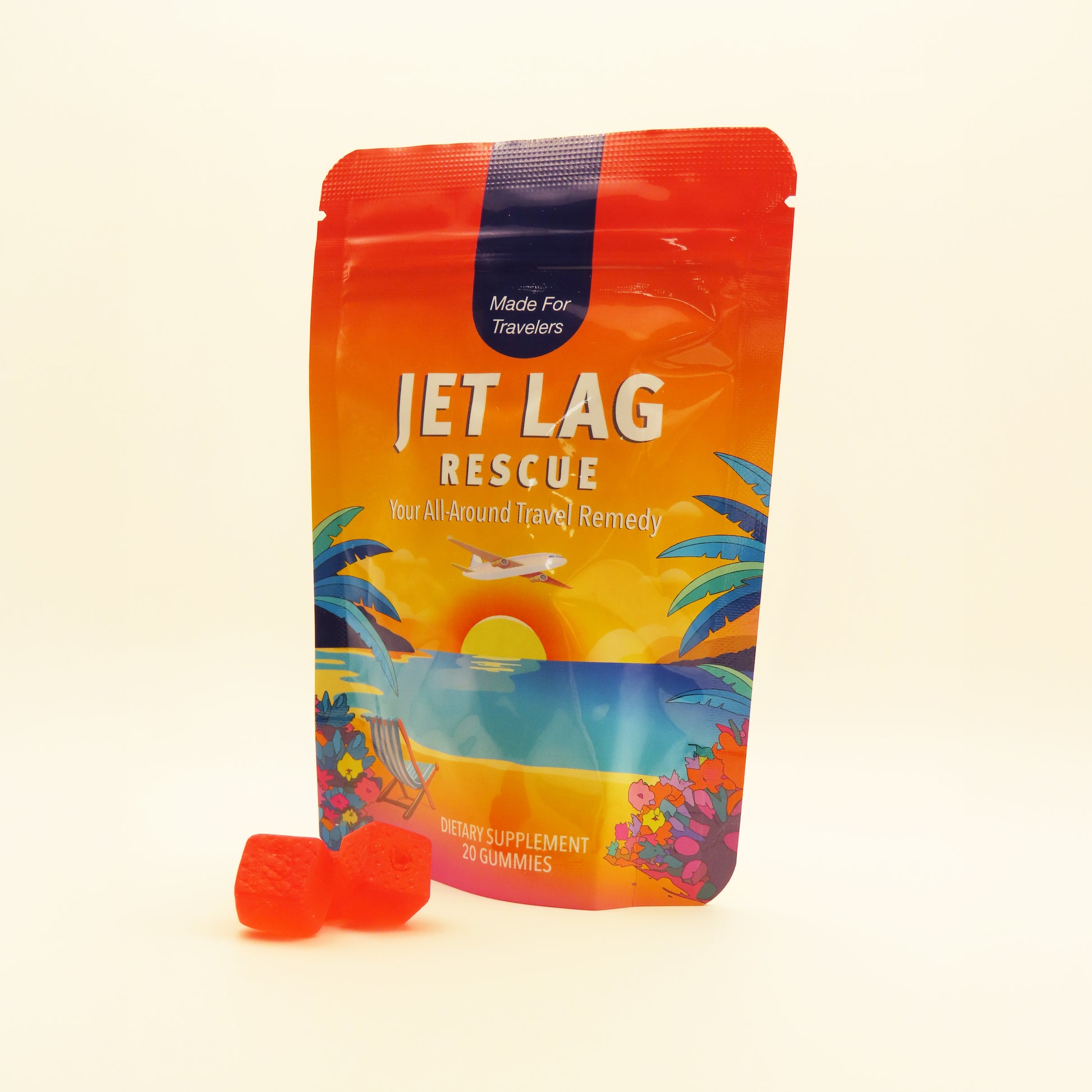 Packaging of 'Jet Lag Rescue' gummies with a colorful design on a beige background
